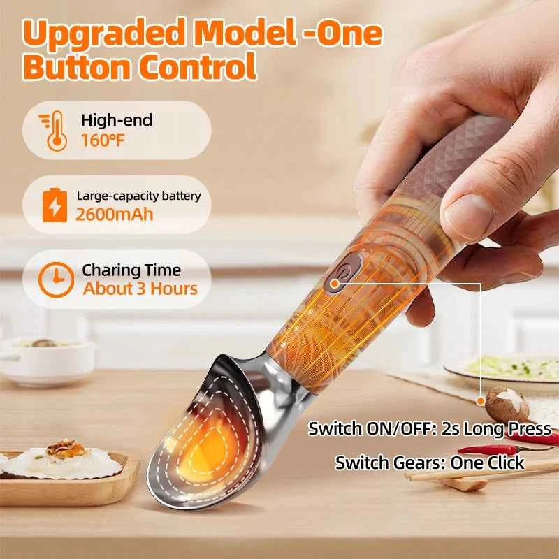 Heated Ice Cream Scoop Spoon, 3 Temperature Settings 120°F/140°F/160°F, 2600mAh Rechargeable, IPX6 Waterproof, Easy Scooping