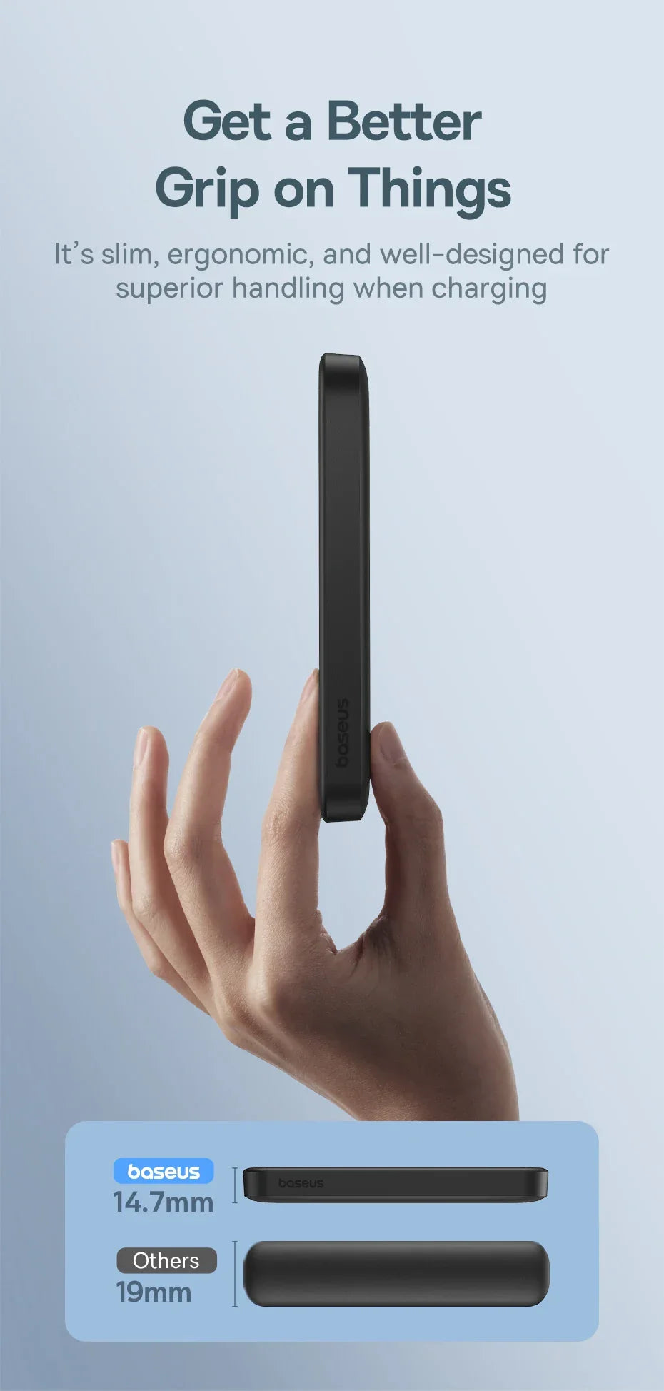 Hand holding a slim, ergonomic Baseus power bank, comparison with thicker competitor models.