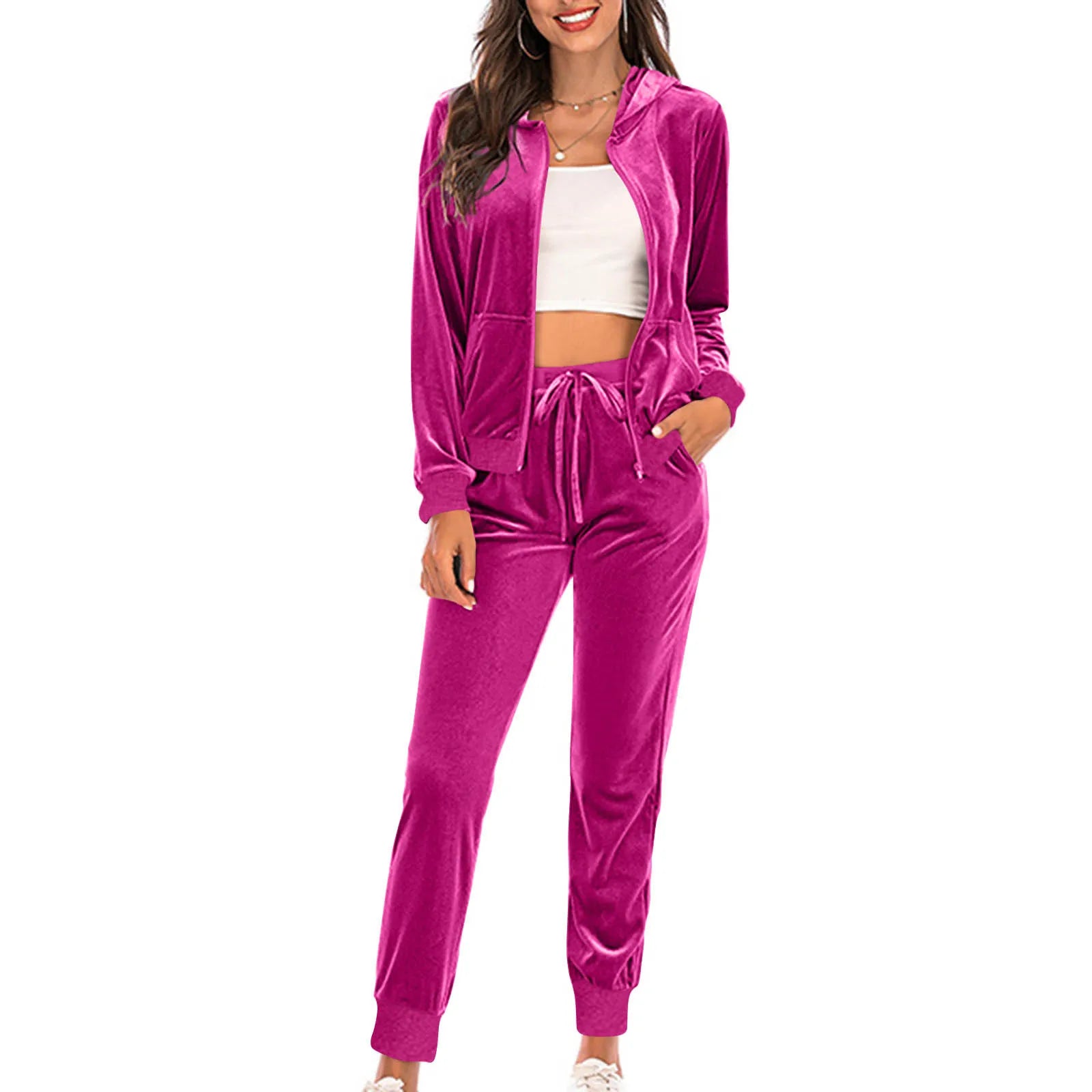 Two Pieces Women Pant Sets Solid Matching Sets Zipper Hooded Top Empire Drawstring Waist Pant Loose Casual 2025 Spring Autumn