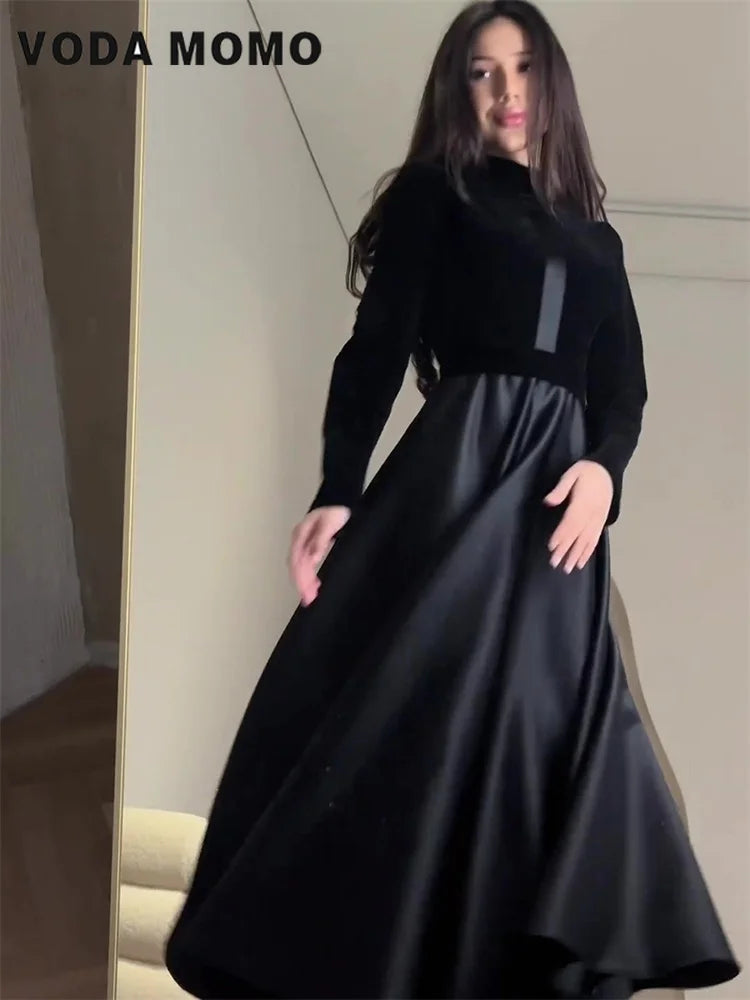 Elegant Dresses Slim Spring Autumn Evening Dresses Female Solid Velvet Dress Ladies Waisted Long Round-Neck Clothes for Women