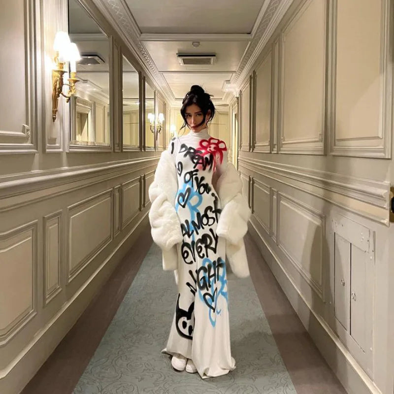 Women's Clothing 2025 New Fashion Fashionable High-neck Color-blocked Graffiti Long-sleeved Hip-hugging Close-fitting Long Dress