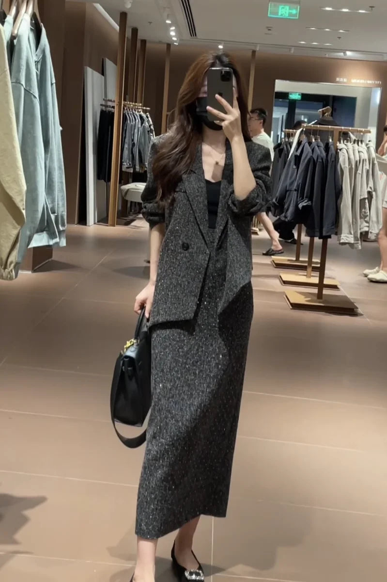 Spring Faion Diamond Embedded Suit Women's Sli f-length Skirt Quali Small Fraance Sle Two-piece Set