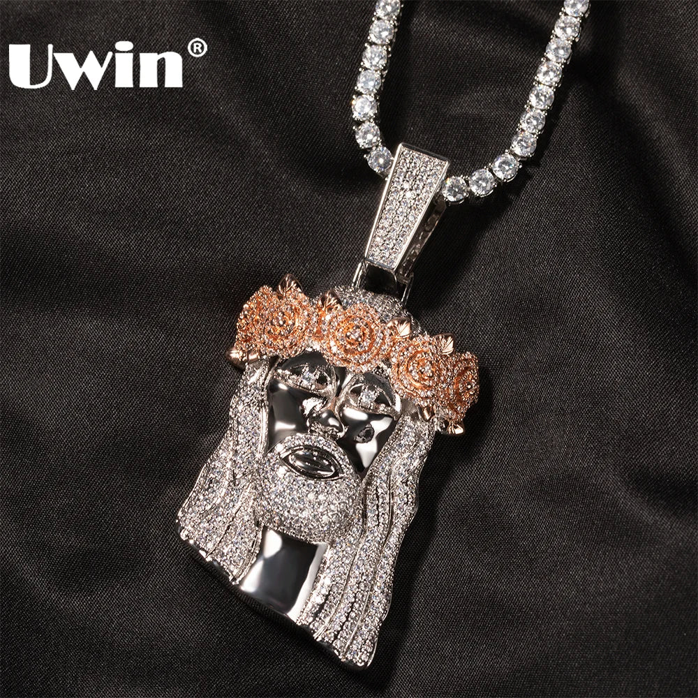 UWIN Iced Out 2 Tone Jesus Pendant Necklaces with Rose Prong Setting 5A+ Cubic Zirconia Charms Fashion Jewelry for Gift