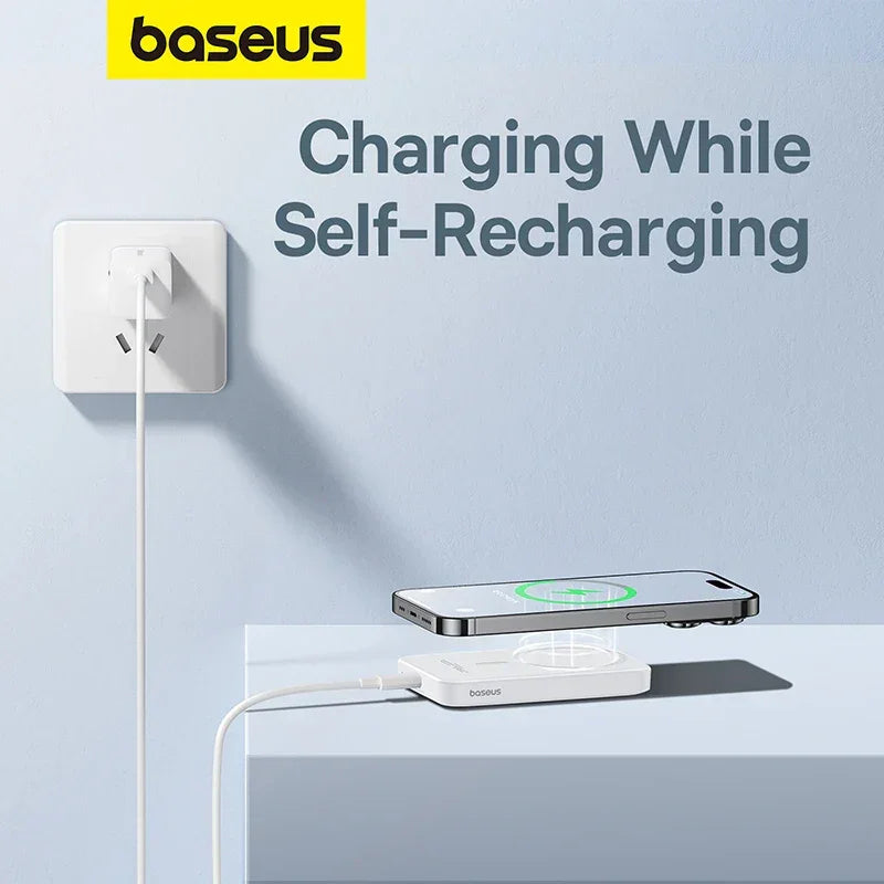 Wireless charging pad charging smartphone, plugged into wall, Baseus branding visible