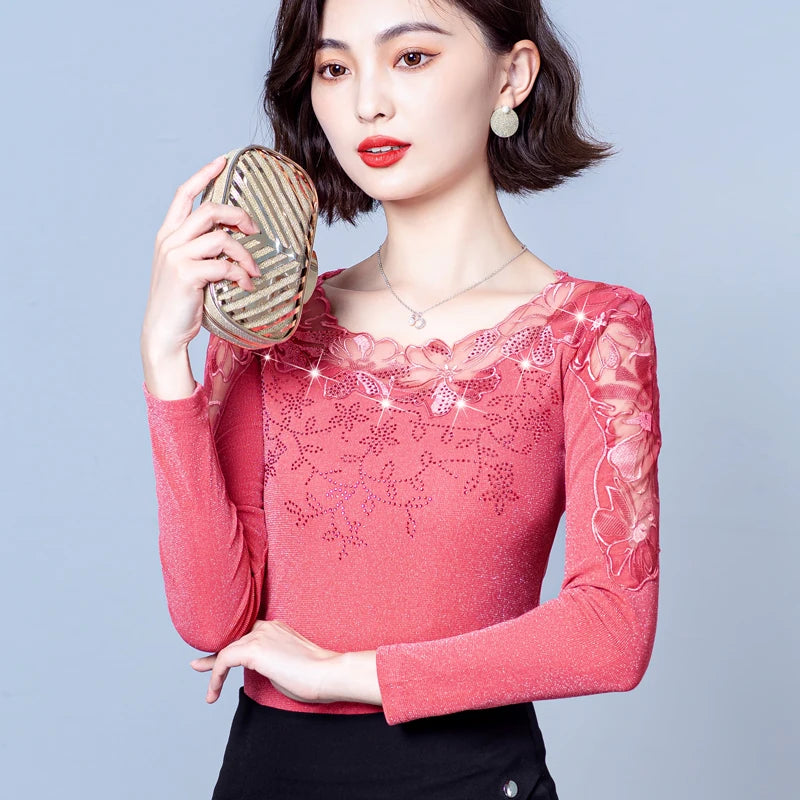 Spring Autumn Long Sleeve Mesh Shirt Round Neck Patchwork Women Lace Tops Korean Fashion Diamond T Shirt