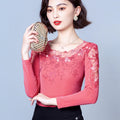 Spring Autumn Long Sleeve Mesh Shirt Round Neck Patchwork Women Lace Tops Korean Fashion Diamond T Shirt
