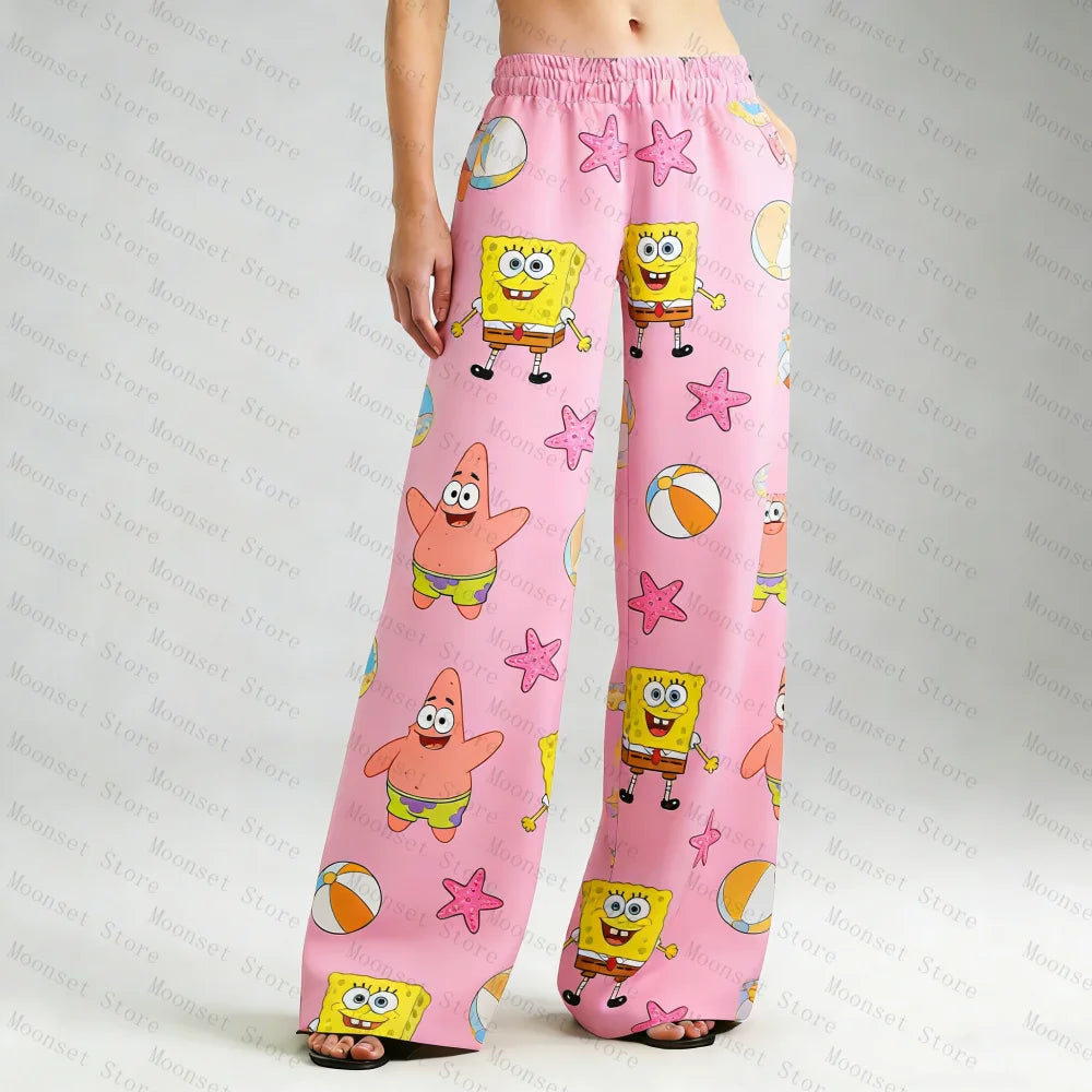 Cute SpongeBob Fashion Loose Milk Silk Women's Pajama Pants With Cartoon Prints For Spring Autumn 2026 Casual Kids Trousers