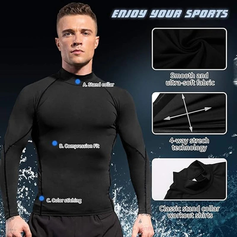 Men's Turtleneck Compression Long Sleeved Sports Fitness Tight T-shirt Running Casual Quick dry Long-Sleeved Spring and Autumn
