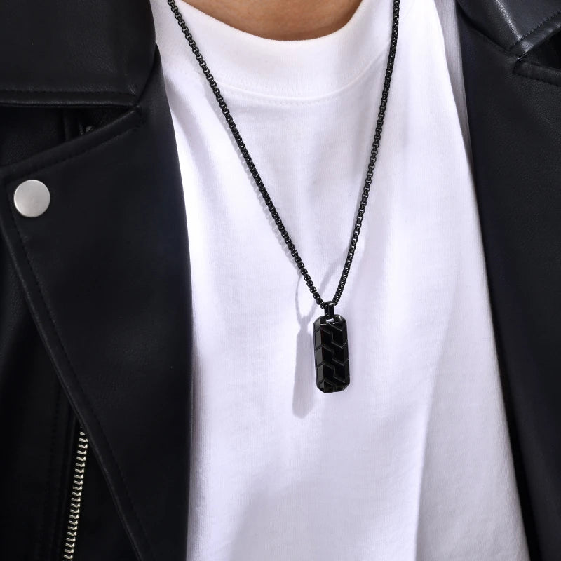 Geometric Tire Pattern Pendants Stainless Steel Men Personalized Trendy Square Pearl Necklace Fashion Jewelry Birthday Gift