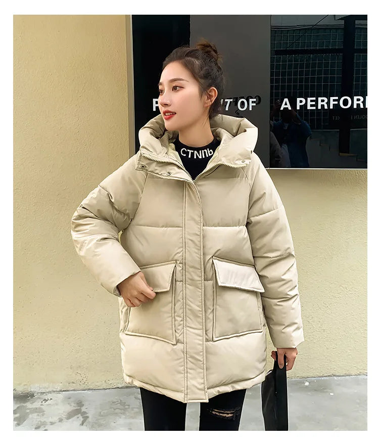 Clothing Women Cotton-Padded Jacket 2025 New Casual Elegant Loose Solid Color Warm Hooded Winter Warm Women Cotton Jacket H537