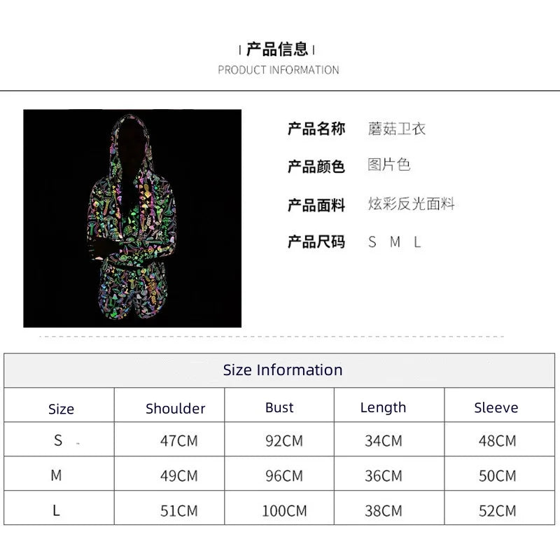 Spring Autumn Women Colorful Reflective Pullover Hoodies Y2K Harajuku Mushroom Printed Long Sleeve Crop Tops sudadera кофта