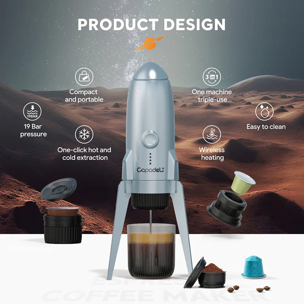 Portable Electric Espresso Machine Travel Coffee Maker for Camping 3 in 1 Self-Heating for Ground Coffee & DG NS Capsule Pods