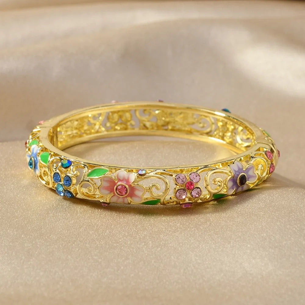 Ethnic Luxury Gold Color Hollowed-out Jingtai Blue Enamel Dripping Glaze Lucky Four-Leaf Clover Zircon Bangles for Women Jewelry