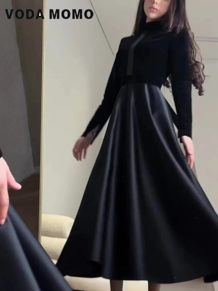 Elegant Dresses Slim Spring Autumn Evening Dresses Female Solid Velvet Dress Ladies Waisted Long Round-Neck Clothes for Women