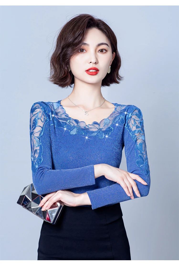 Spring Autumn Long Sleeve Mesh Shirt Round Neck Patchwork Women Lace Tops Korean Fashion Diamond T Shirt