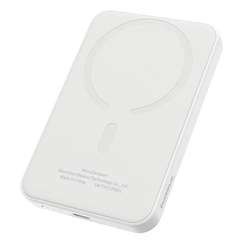 White wireless MagSafe power bank with rounded edges and printed manufacturer details