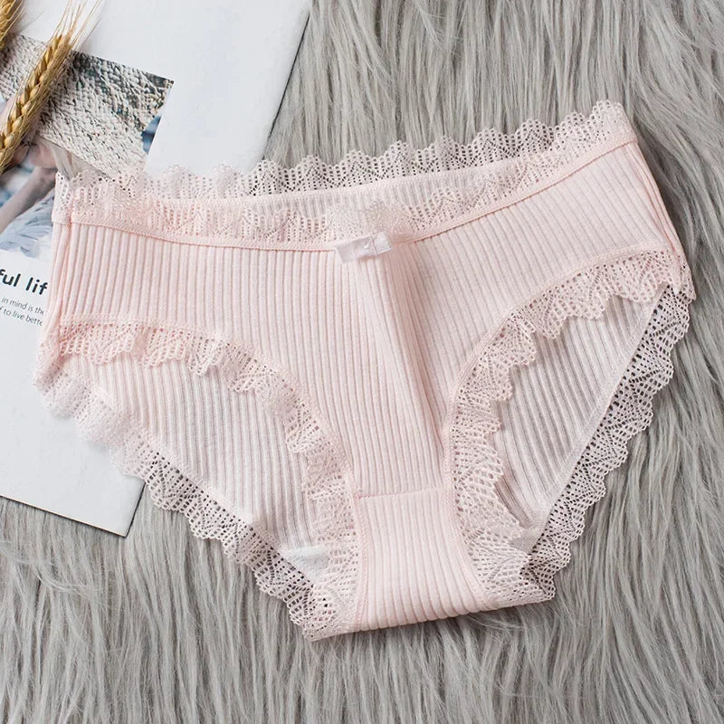 Lingerie Underwear Women Bow New Lace Panties Briefs Low Waist Solid Color Middle-Waisted Underpants Female Lingerie Briefs