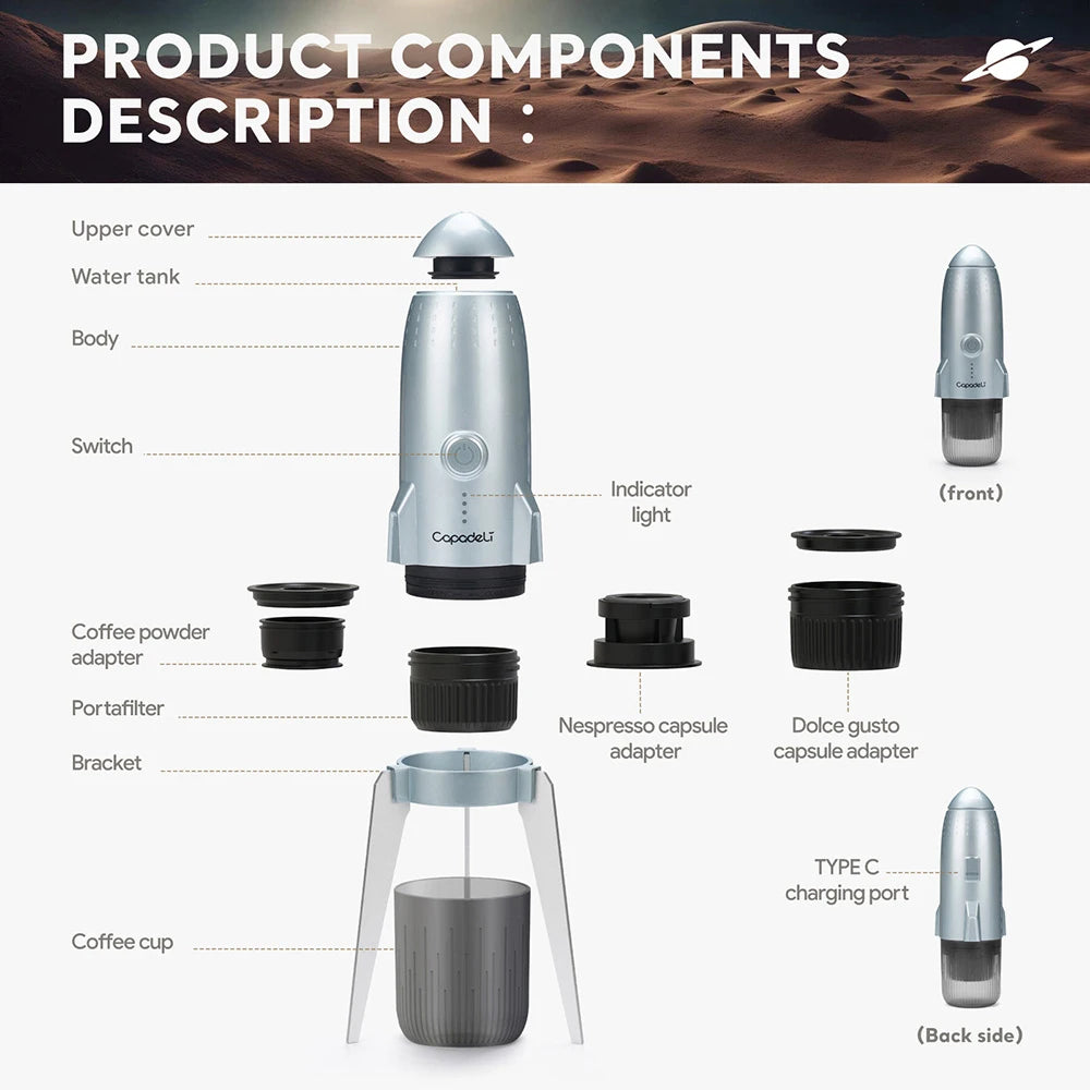 Portable Electric Espresso Machine Travel Coffee Maker for Camping 3 in 1 Self-Heating for Ground Coffee & DG NS Capsule Pods