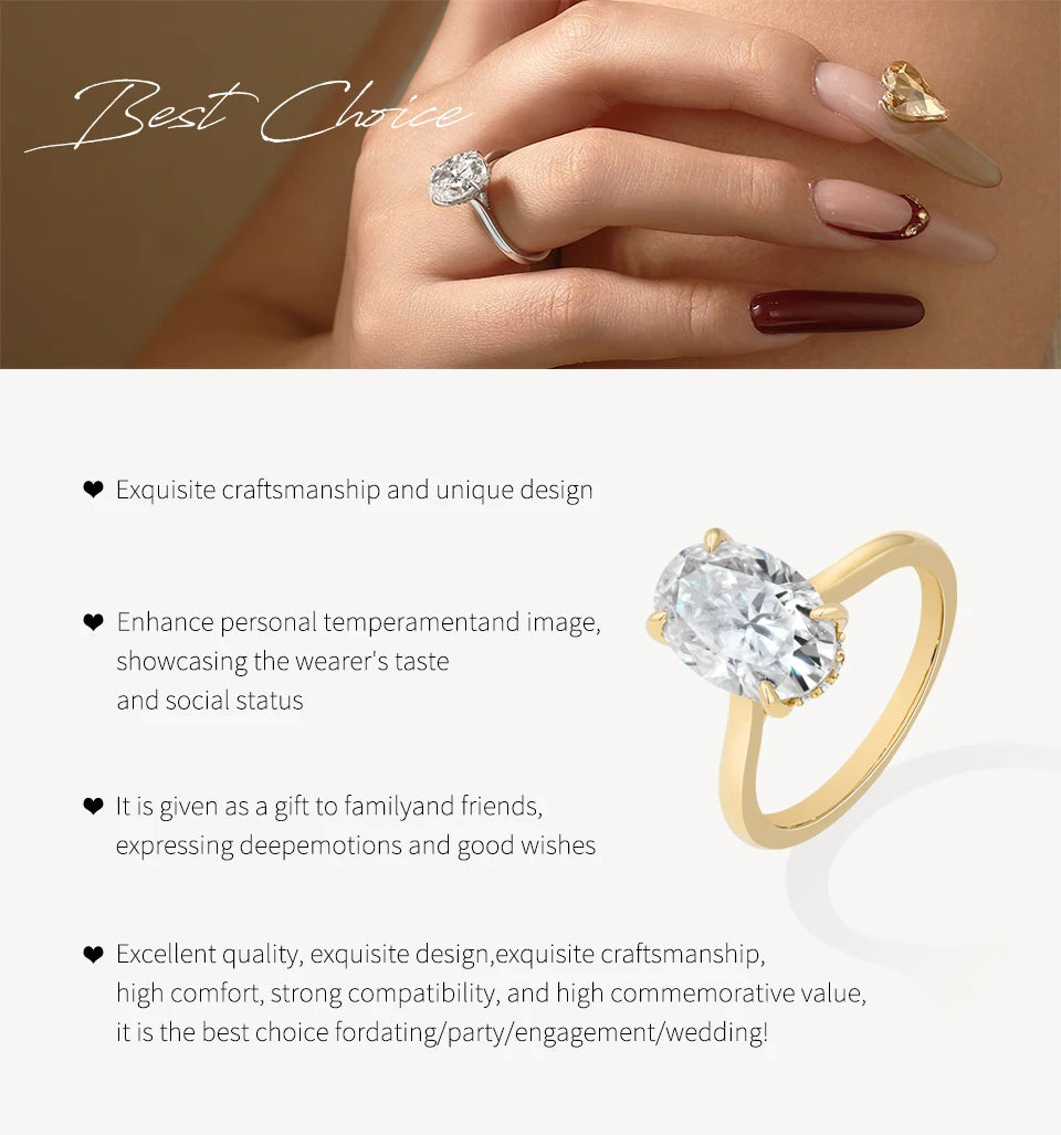 ATTAGEMS Oval Cut 12*8mm 4.5CT D VVS1 Moissanite Rings 925 Sterling Silver for Women Engagement Wedding Luxury Band Jewelry Gift