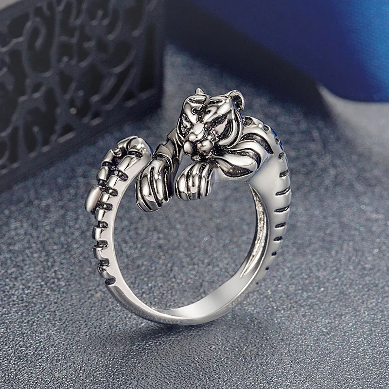 1Pcs Fierce Tiger Adjustable Opening Ring Men and Women Vintage Punk Ancient Gold Ancient Silver color Animal Jewelry Gift
