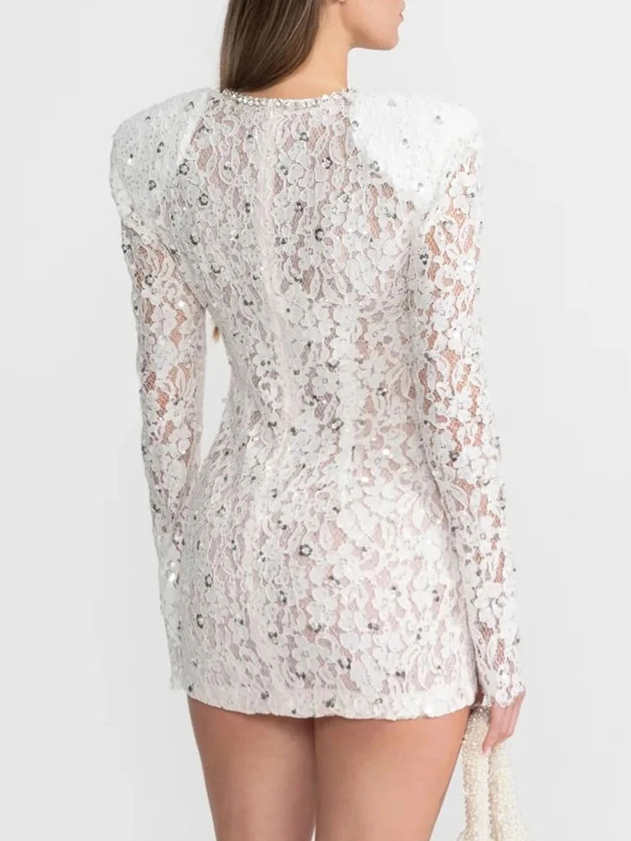 TWOTWINSTYLE Slimming Sheer Spliced Lace Temperament Dresses for Women O Neck Long Sleeves Patchwork Sequins Dress Female New