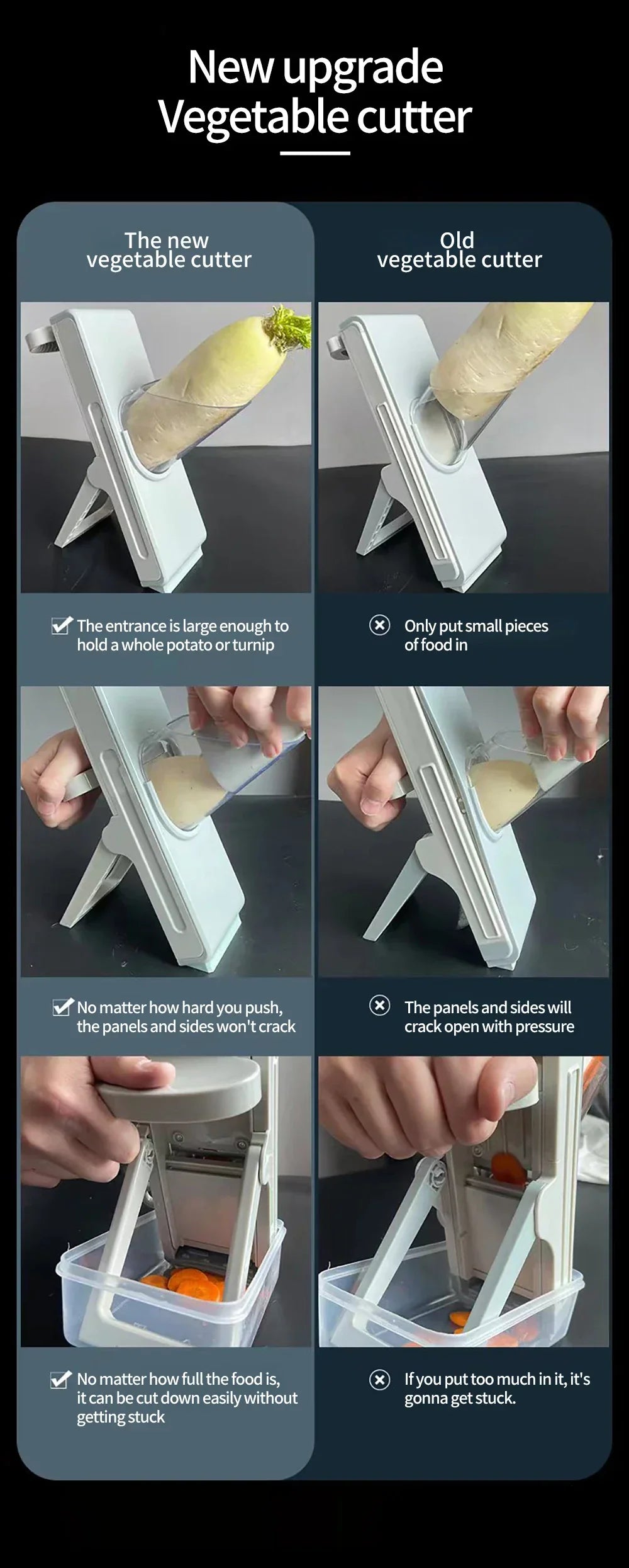Comparison of upgraded vs old vegetable cutter, showing improved durability and wider food slot.