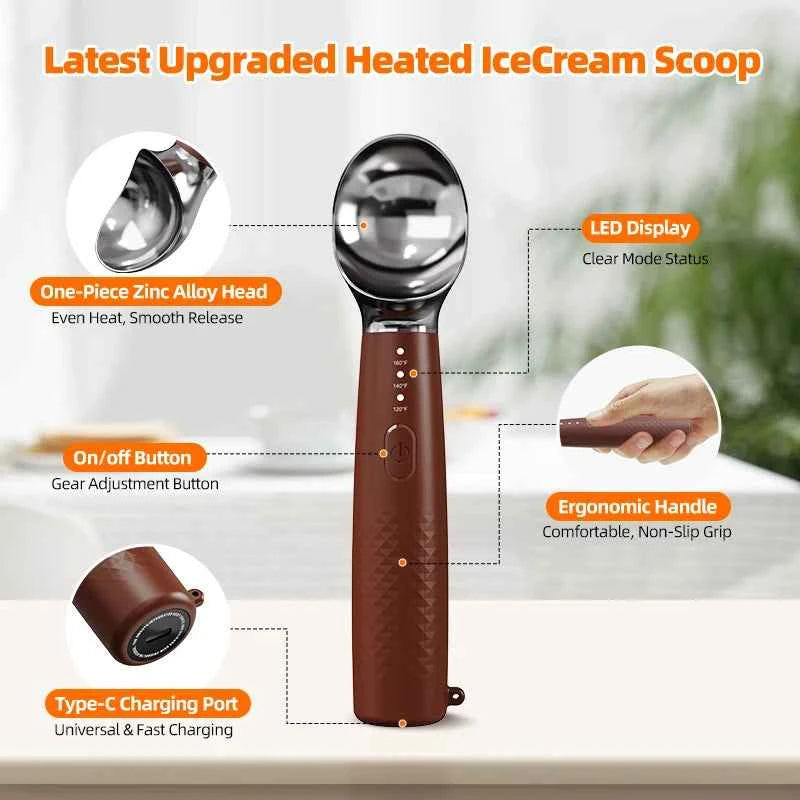 Heated Ice Cream Scoop Spoon, 3 Temperature Settings 120°F/140°F/160°F, 2600mAh Rechargeable, IPX6 Waterproof, Easy Scooping