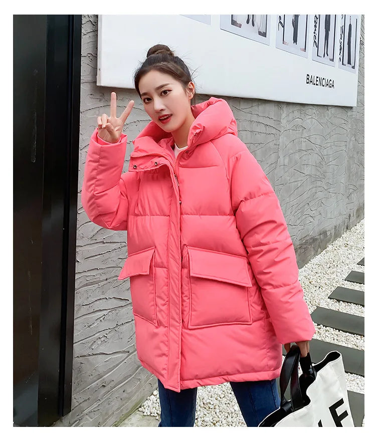 Clothing Women Cotton-Padded Jacket 2025 New Casual Elegant Loose Solid Color Warm Hooded Winter Warm Women Cotton Jacket H537