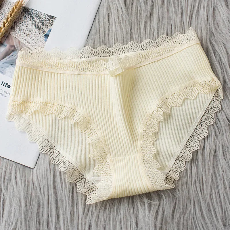Lingerie Underwear Women Bow New Lace Panties Briefs Low Waist Solid Color Middle-Waisted Underpants Female Lingerie Briefs