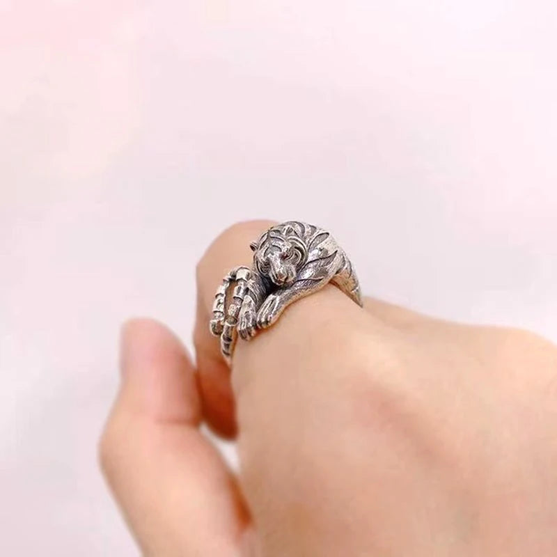 1Pcs Fierce Tiger Adjustable Opening Ring Men and Women Vintage Punk Ancient Gold Ancient Silver color Animal Jewelry Gift