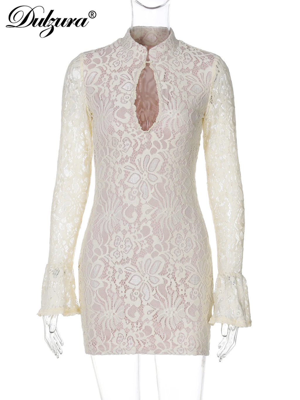 Dulzura Lace Hollow Out Long Flare Sleeves Bodycon Mini Dress Women’S Sexy Elegant Outfit Party Clubwear Winter Clothes