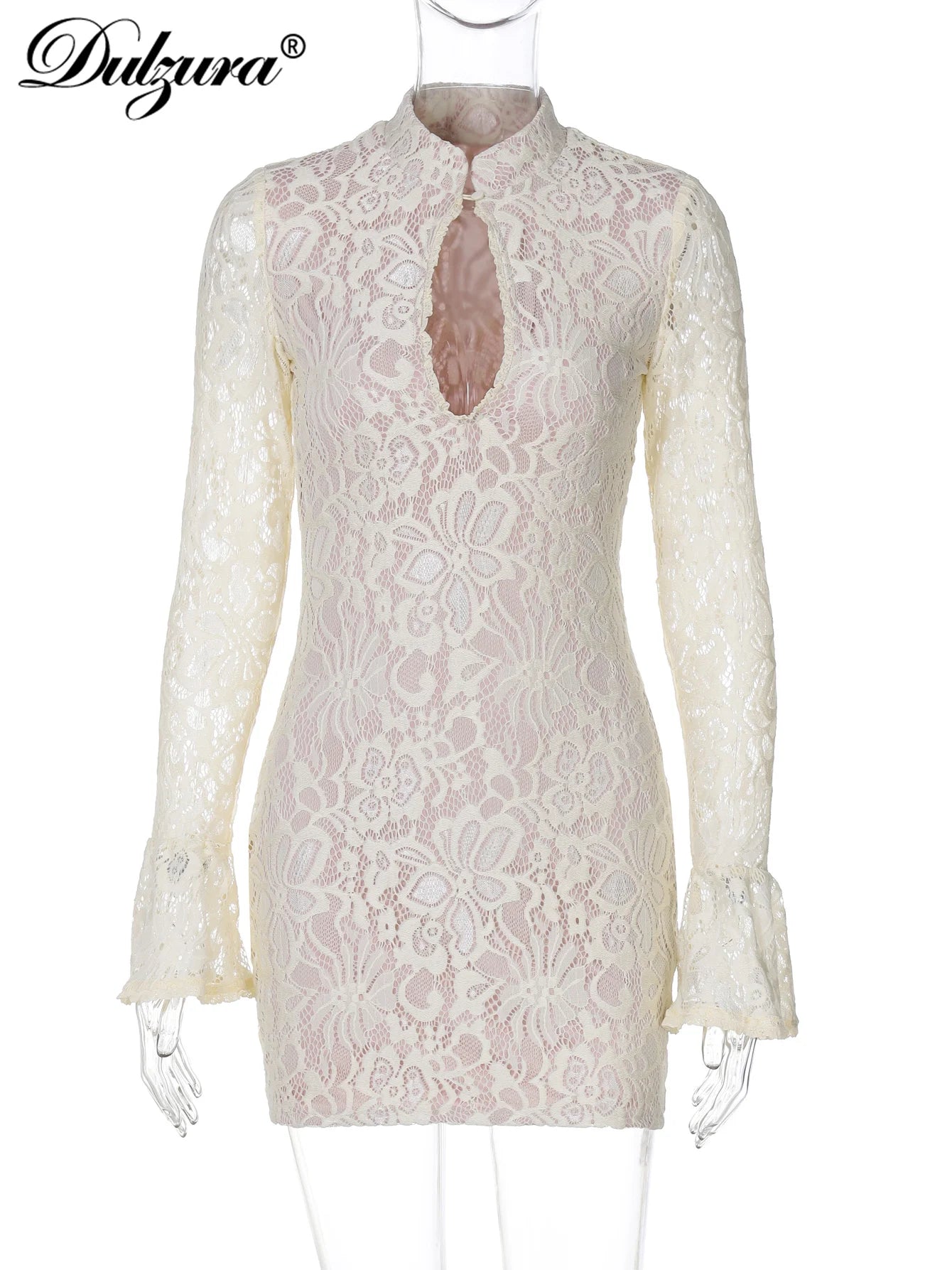 Dulzura Lace Hollow Out Long Flare Sleeves Bodycon Mini Dress Women’S Sexy Elegant Outfit Party Clubwear Winter Clothes
