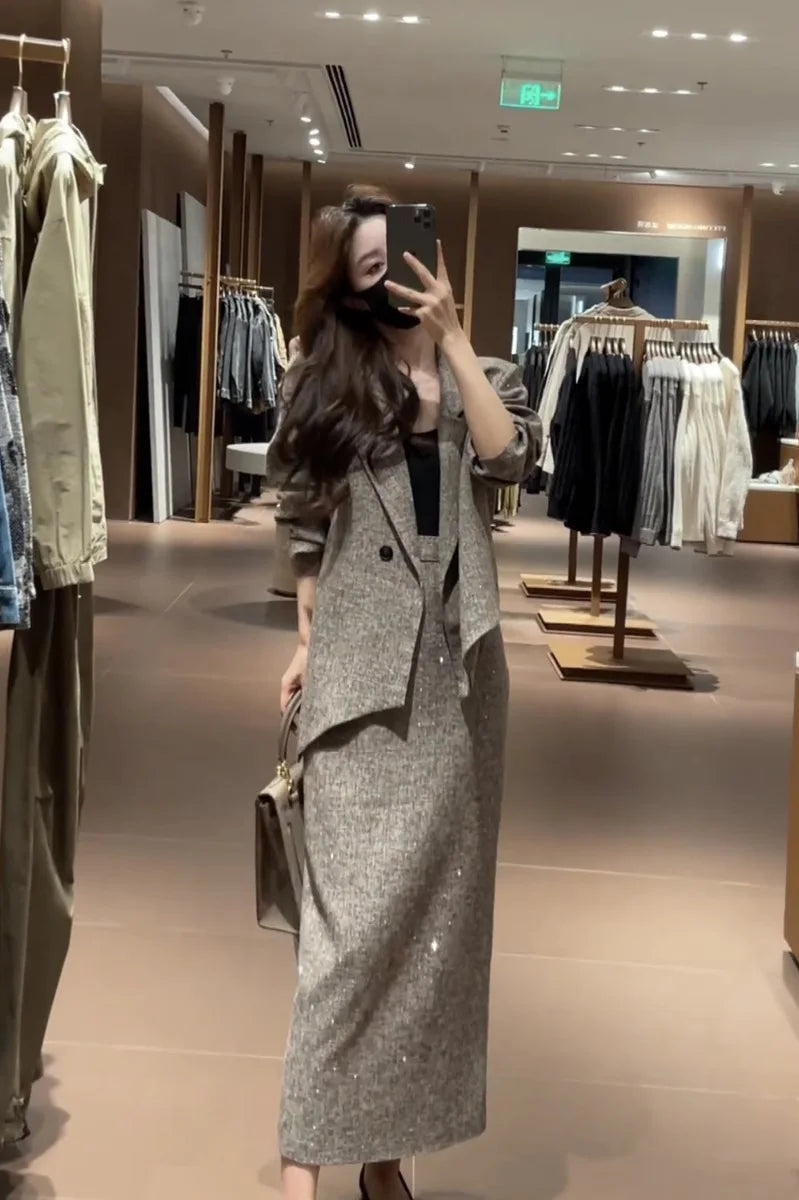 Spring Faion Diamond Embedded Suit Women's Sli f-length Skirt Quali Small Fraance Sle Two-piece Set