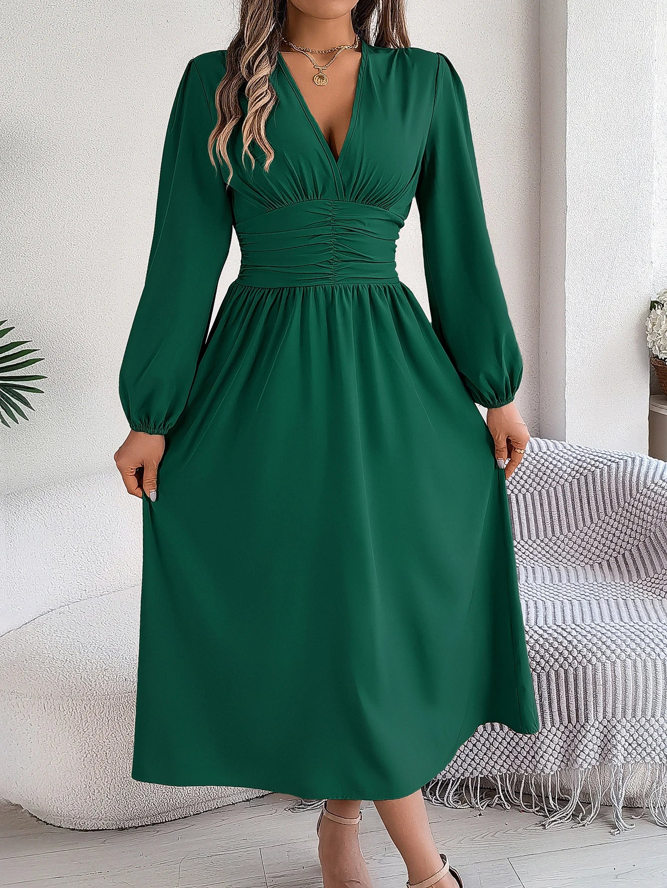 Spring Summer Vacation High Split V-Neck Long Sleeve Dresses for Women Bridesmaid Dress