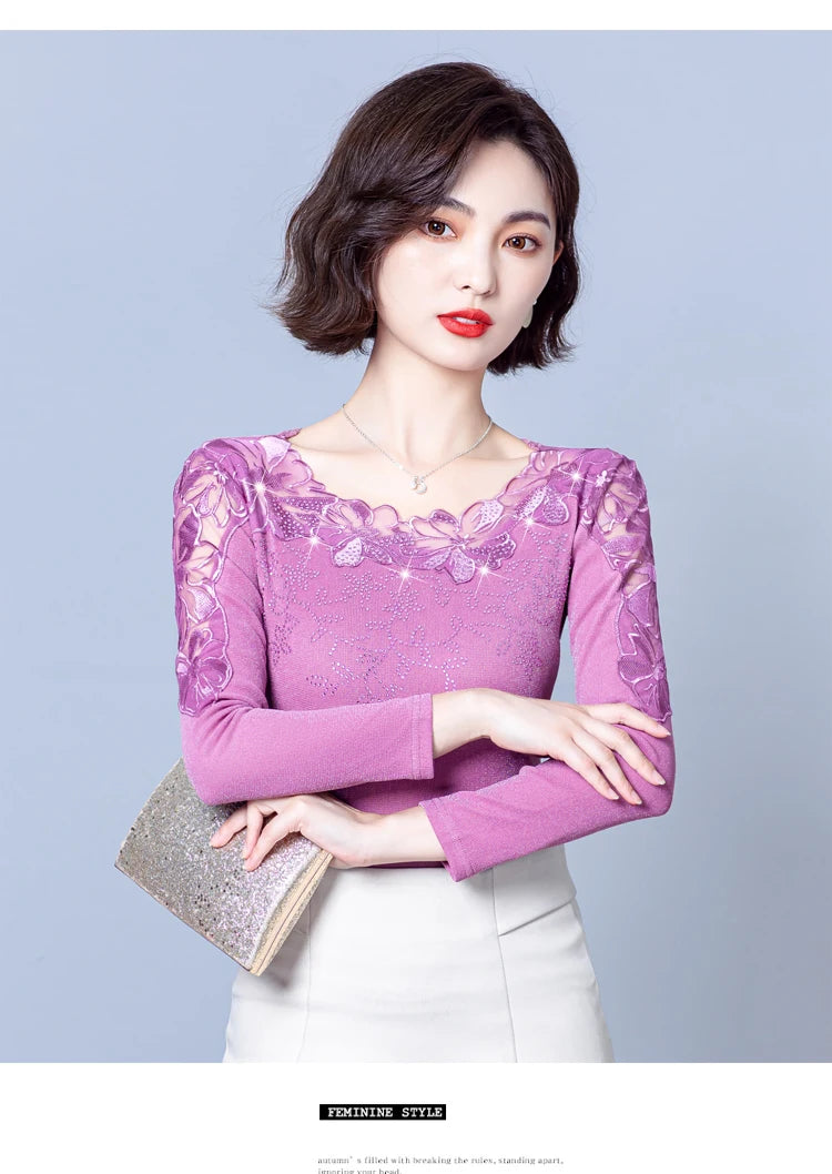 Spring Autumn Long Sleeve Mesh Shirt Round Neck Patchwork Women Lace Tops Korean Fashion Diamond T Shirt