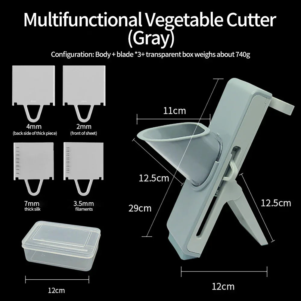 Gray multifunctional vegetable cutter with four blade attachments and storage box, product dimensions shown.