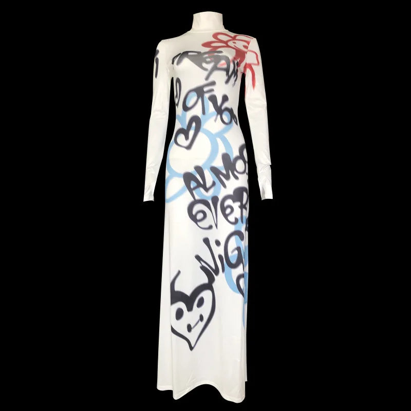 Women's Clothing 2025 New Fashion Fashionable High-neck Color-blocked Graffiti Long-sleeved Hip-hugging Close-fitting Long Dress