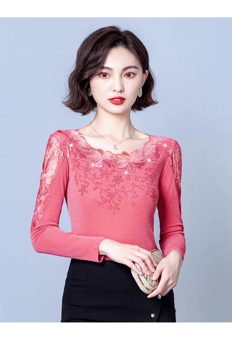 Spring Autumn Long Sleeve Mesh Shirt Round Neck Patchwork Women Lace Tops Korean Fashion Diamond T Shirt