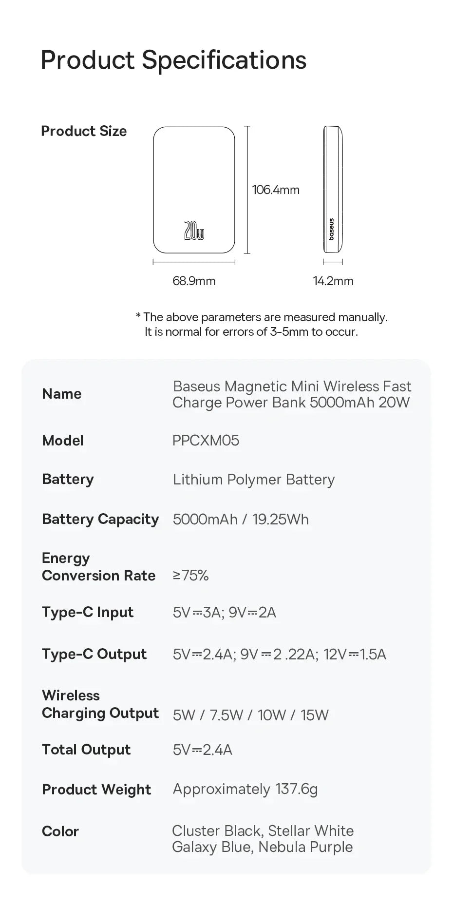 Baseus magnetic mini wireless fast charge power bank 5000mAh 20W with size diagram and specs.