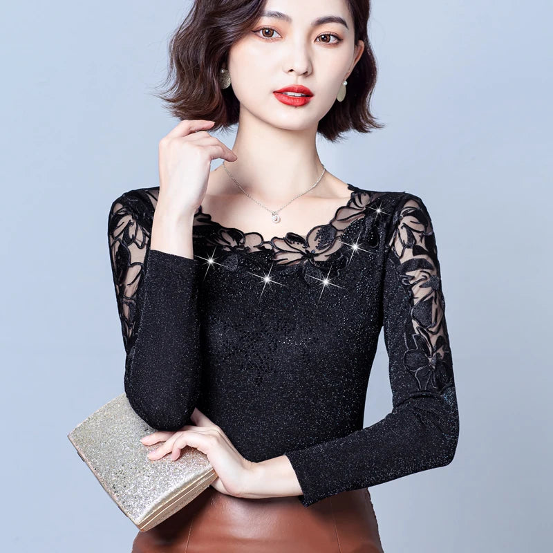 Spring Autumn Long Sleeve Mesh Shirt Round Neck Patchwork Women Lace Tops Korean Fashion Diamond T Shirt