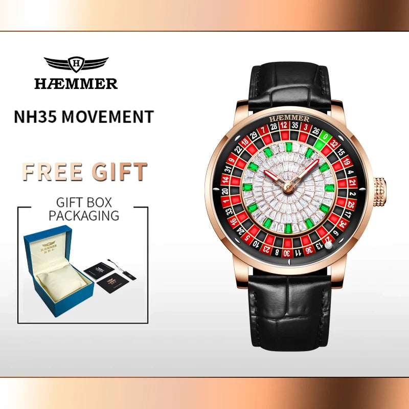 HAEMMER Luxury Men's Mechanical Watch NH35 Men's Roulette Rotary Sapphire Glass Watch Waterproof