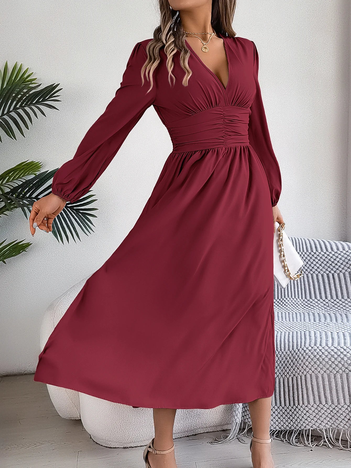 Spring Summer Vacation High Split V-Neck Long Sleeve Dresses for Women Bridesmaid Dress