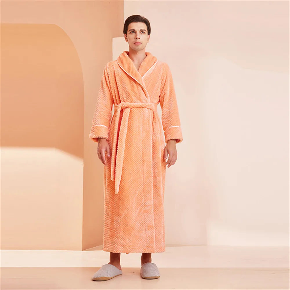 White Thickened Couple's Nightgown Women's Extended Flannel Bathrobe Couple Pajamas Casual Bathrobe Home Clothing