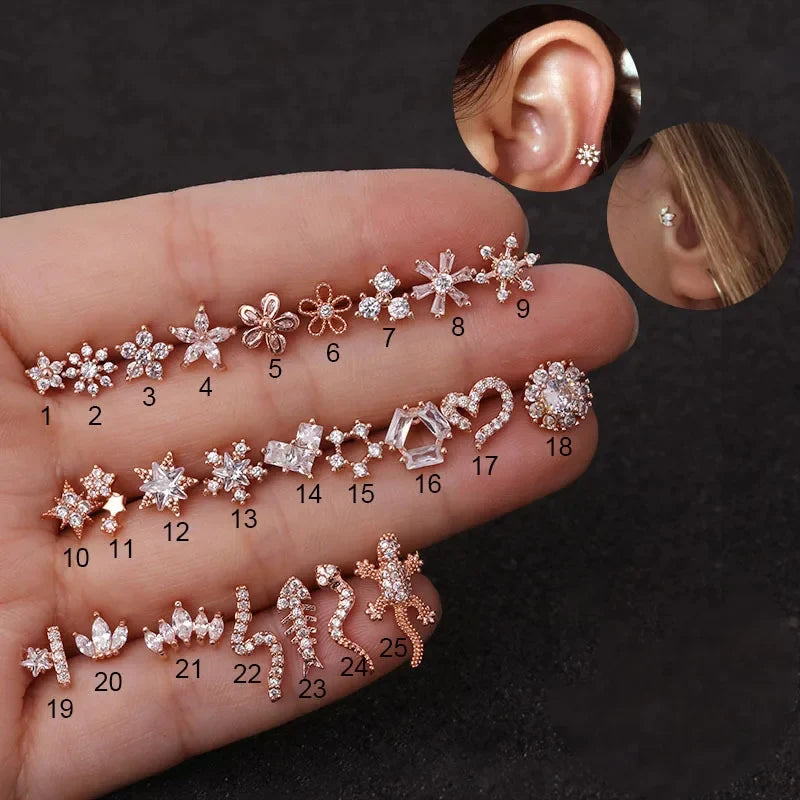 1Pc 20g Helix Piercing Jewelry Conch Rook Lobe Tragus Stud New Rose Gold Color Plants And Animals Cz Cartilage Earring