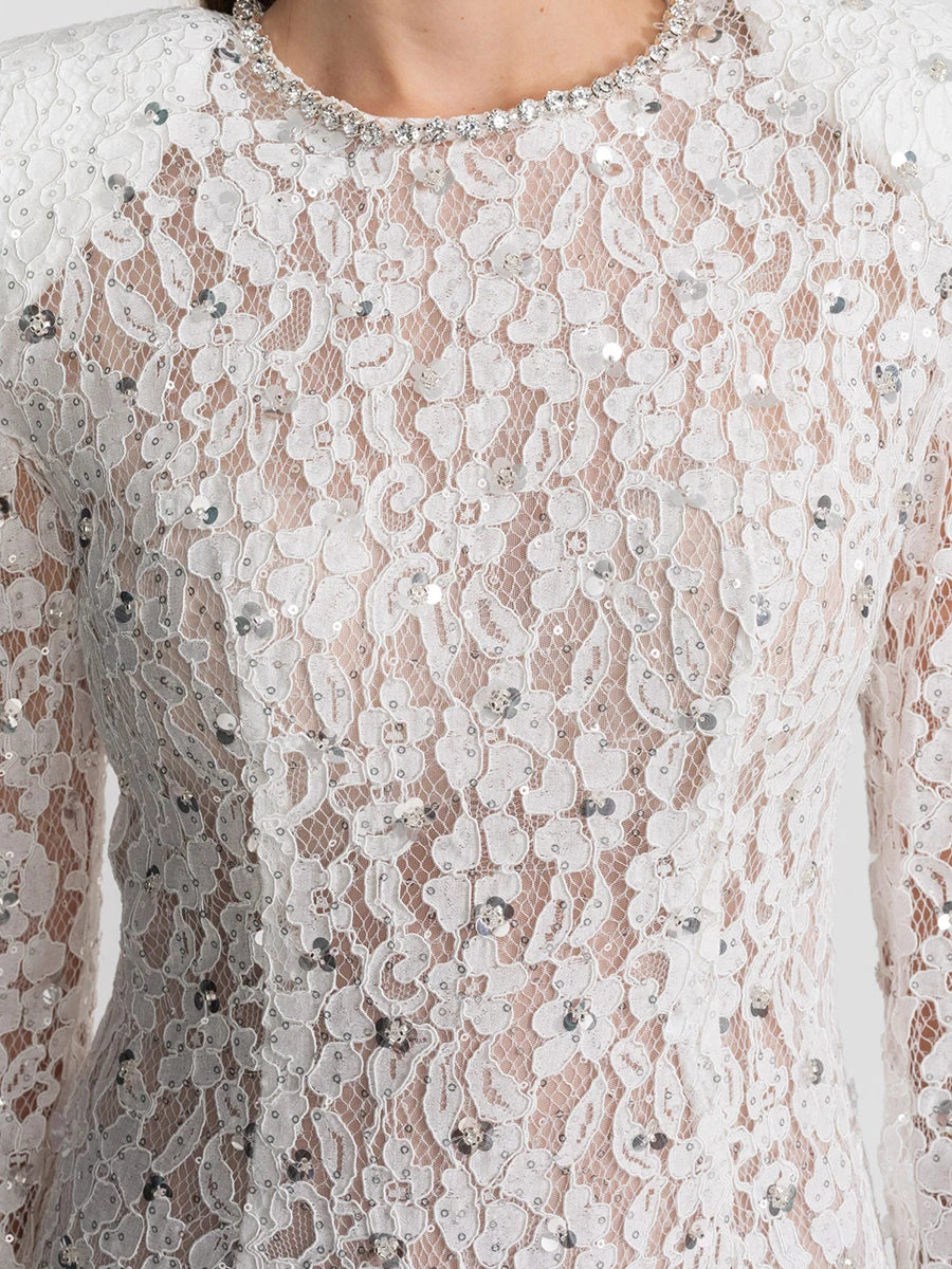 TWOTWINSTYLE Slimming Sheer Spliced Lace Temperament Dresses for Women O Neck Long Sleeves Patchwork Sequins Dress Female New