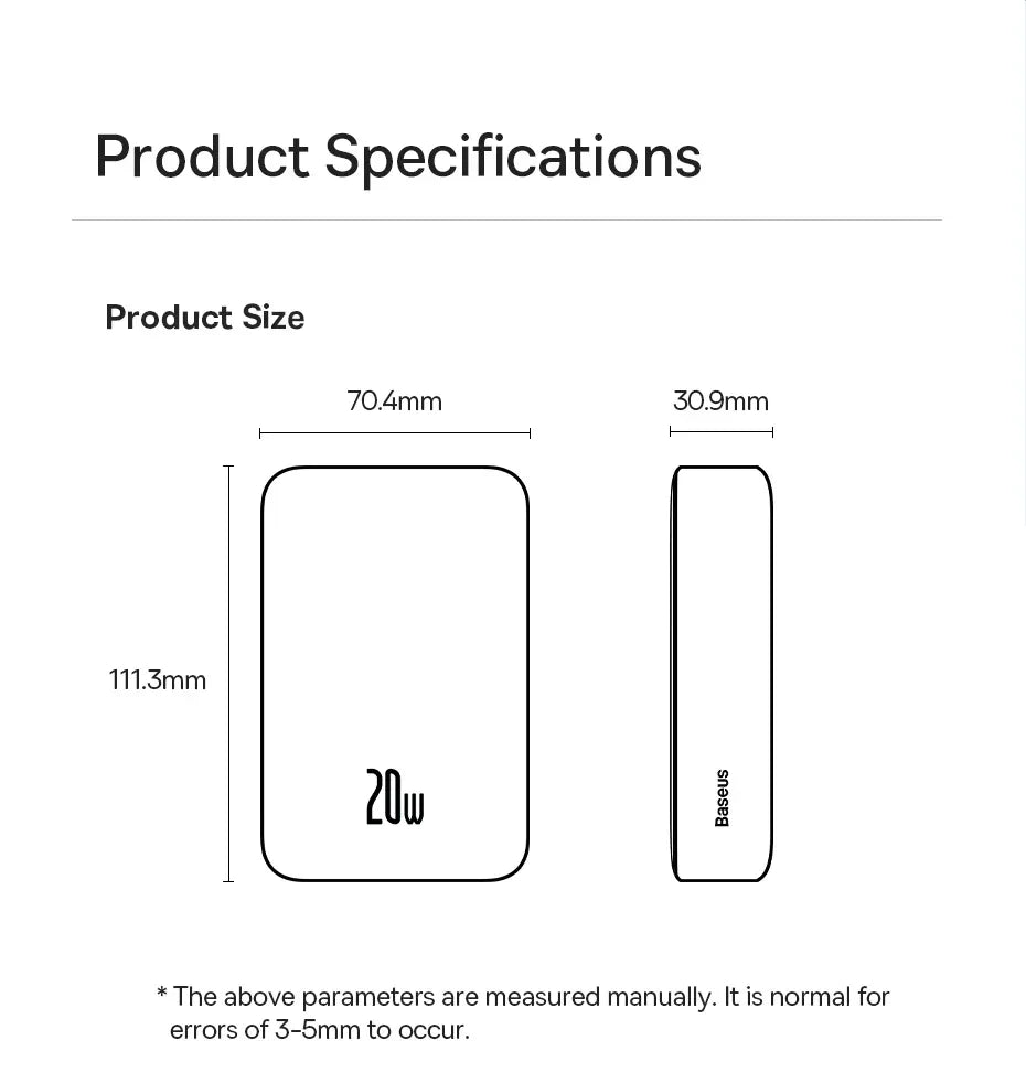 Diagram showing 20W power bank dimensions: 111.3mm height, 70.4mm width, 30.9mm depth.