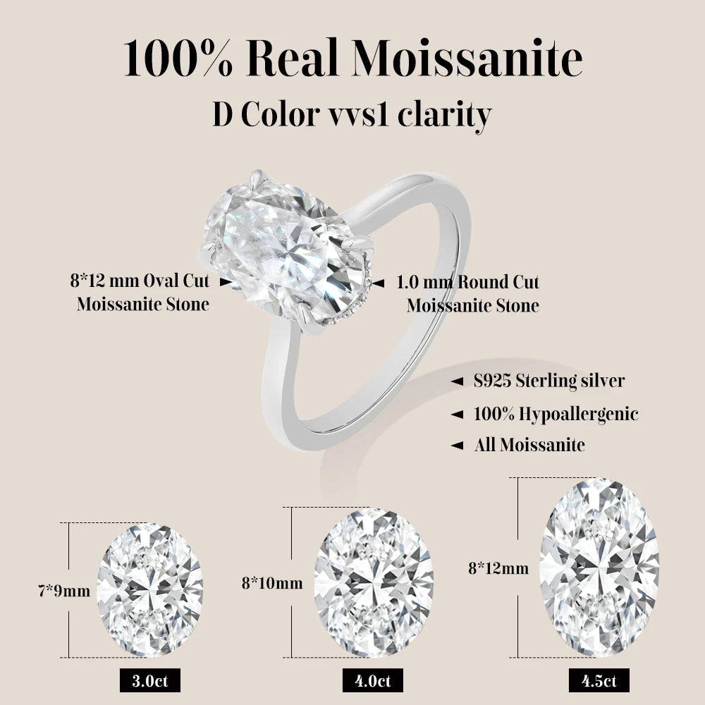 ATTAGEMS Oval Cut 12*8mm 4.5CT D VVS1 Moissanite Rings 925 Sterling Silver for Women Engagement Wedding Luxury Band Jewelry Gift