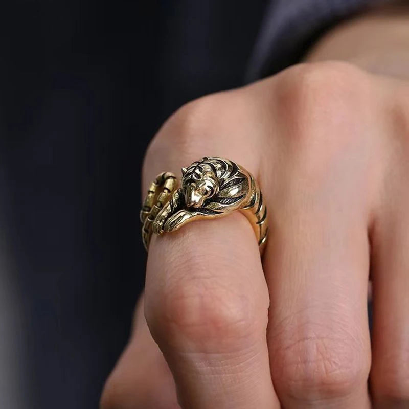 1Pcs Fierce Tiger Adjustable Opening Ring Men and Women Vintage Punk Ancient Gold Ancient Silver color Animal Jewelry Gift