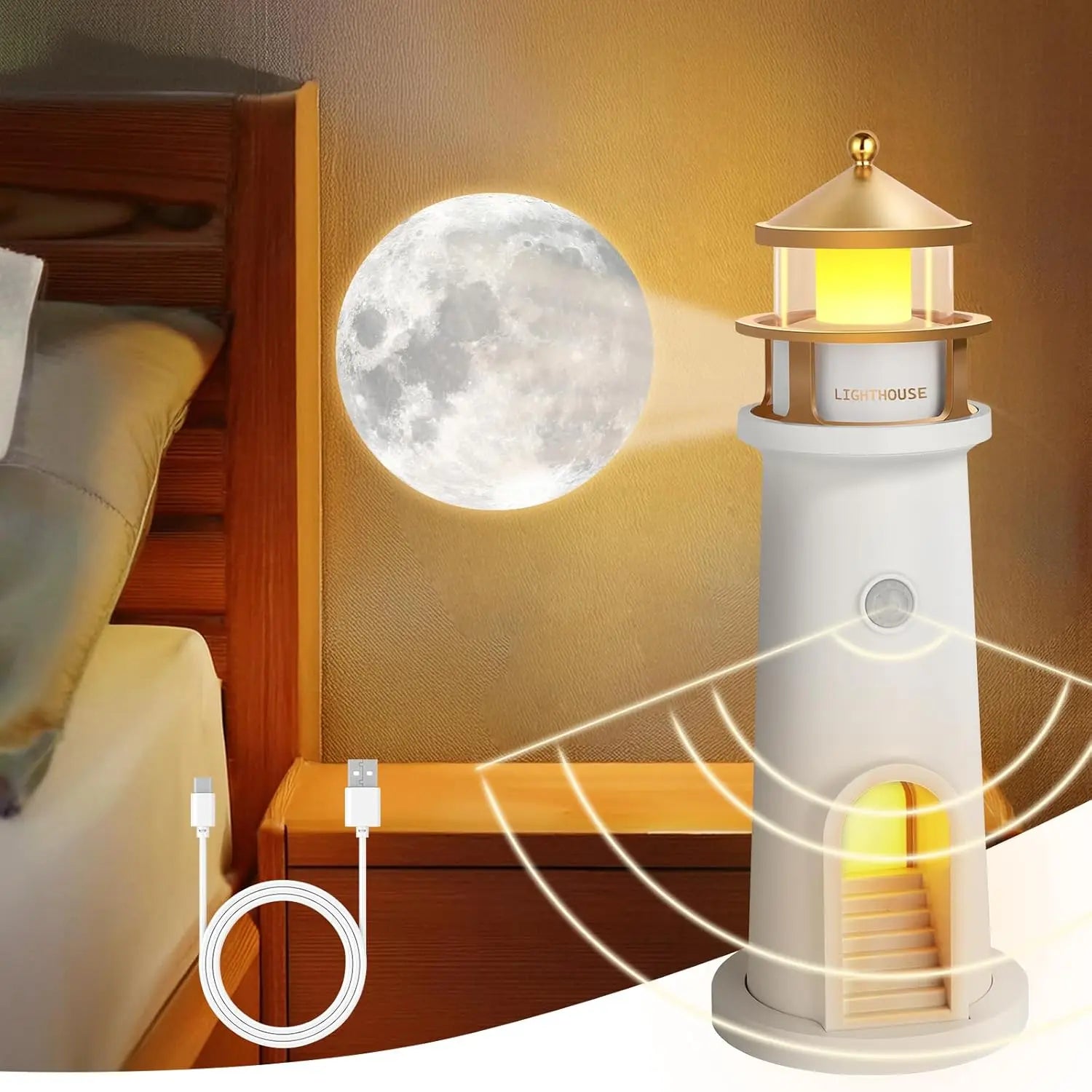 Floating Moon Lamp Projection Lighthouse Lamps Night Light Motion Sensor Light Room Decor Gift Lighthouse Ambient Lights