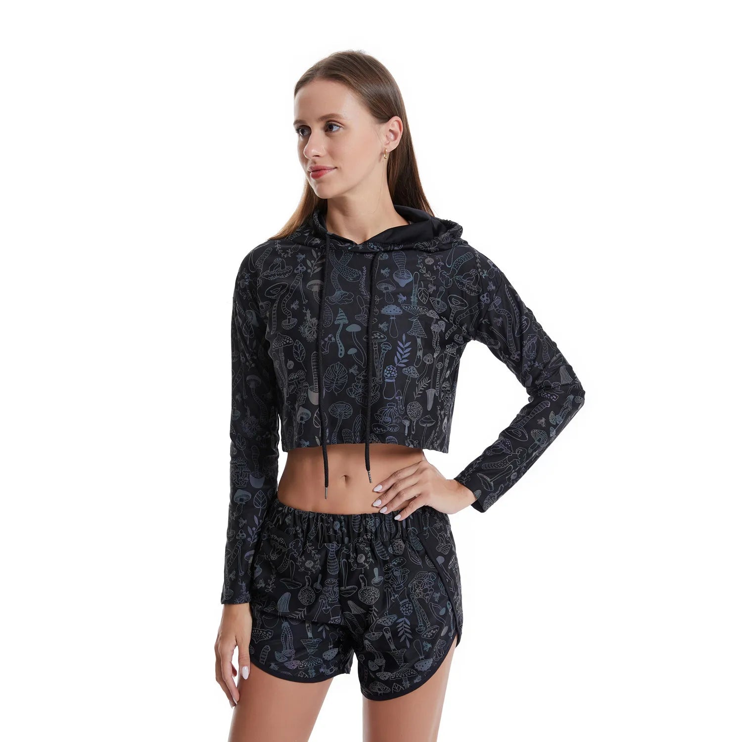 Spring Autumn Women Colorful Reflective Pullover Hoodies Y2K Harajuku Mushroom Printed Long Sleeve Crop Tops sudadera кофта